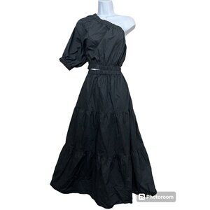 NWT Women One‎ Shoulder Tiered Midi Dress Cutout Waist L Black Whimsigoth Hippie